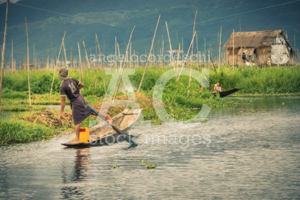 Inle Lake, Myanmar. Local Fishermen Practicing A Distinctive Row Angelo Cordeschi