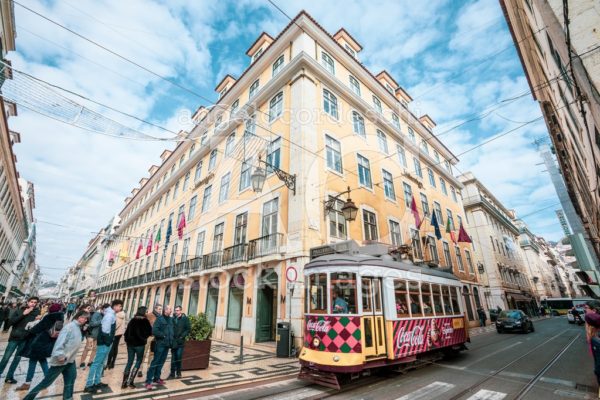 Road Crossing In The Historic Center Of Lisbon In Portugal. Red Angelo Cordeschi