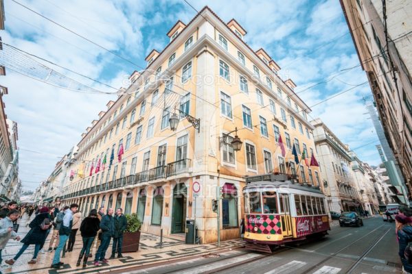 Road Crossing In The Historic Center Of Lisbon In Portugal. Red Angelo Cordeschi