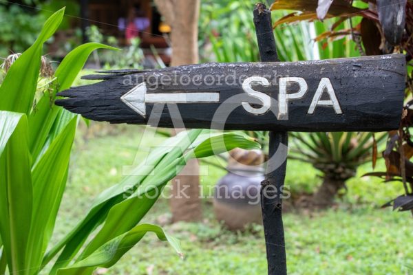 Signboard Sign On Wooden Post With Spa Inscription. Directions T Angelo Cordeschi