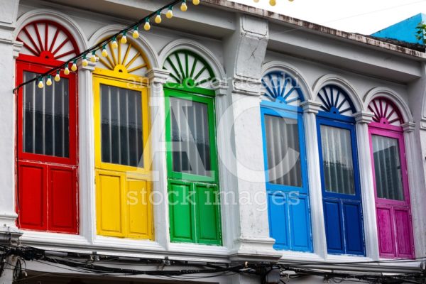 Six Colored Doors Or Windows Outside On The Facade Of An Ancient Angelo Cordeschi