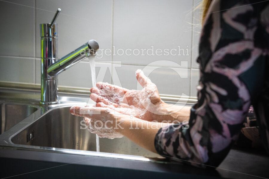 Woman Washing Her Hands With Soap In The Kitchen Sink. Soapy Han Angelo Cordeschi